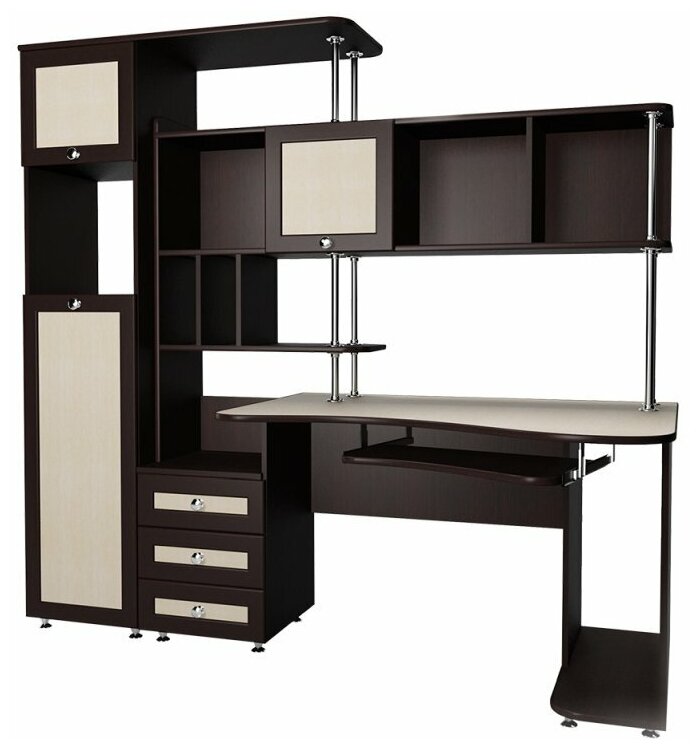 Компьютерный стол Мебелайн-17 с надстройкой, тумбой и шкафчиком, венге/дуб молочный