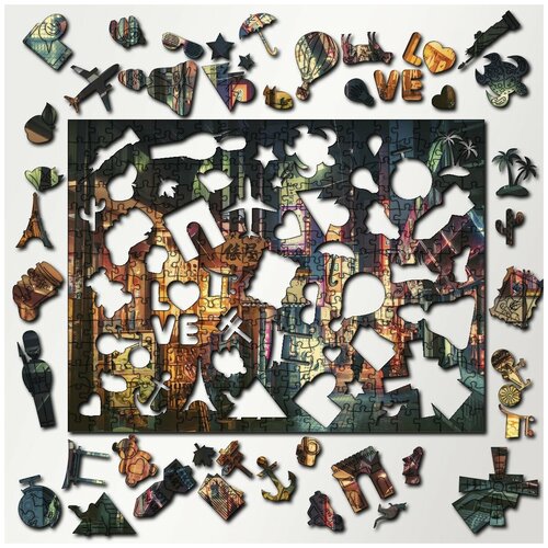 Пазл деревянный с фигурками из дерева 340 деталей 36х27 см микс азия япония город - 3356