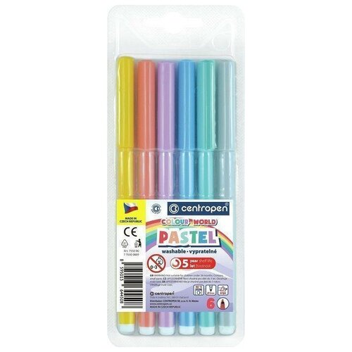 Фломастеры 6 цветов, Centropen Colour World Pastel 7550/6 TP, пастельные, в блистере 5199872 .