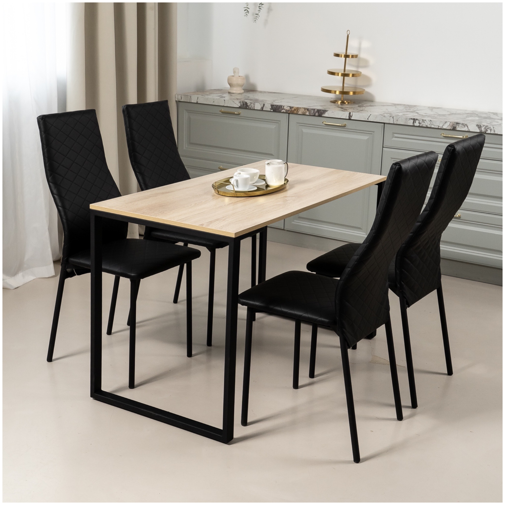 фото Обеденная группа Стол и 4 стула, стол «Дуб Сонома» 120х60х75, стулья Черные искусственная кожа 4 шт.