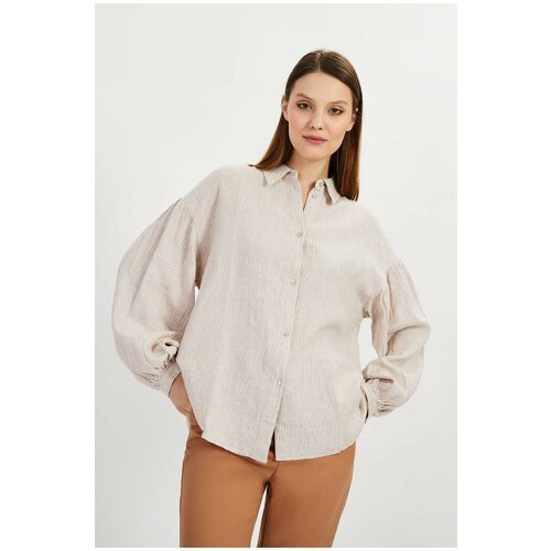 фото Блузка baon рубашка в полоску со льном baon, размер: xxl, бежевый
