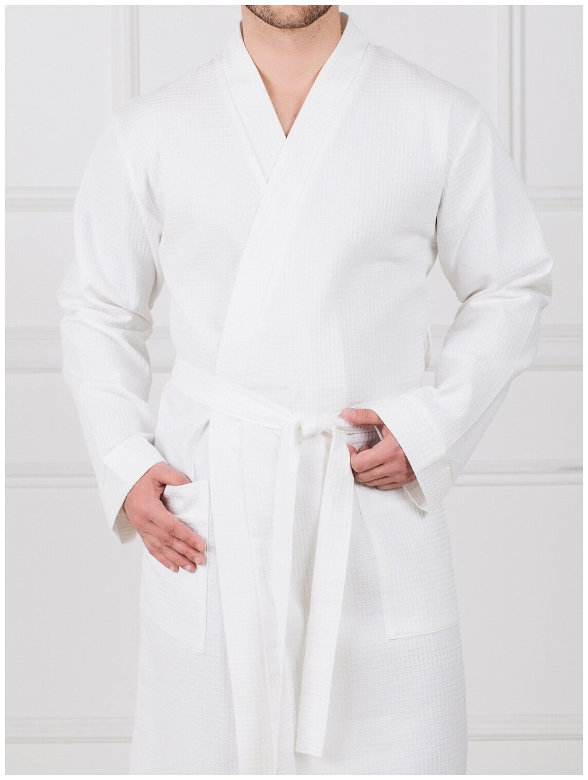 Мужской вафельный халат с планкой, белый. Размер 58-60 - фотография № 2