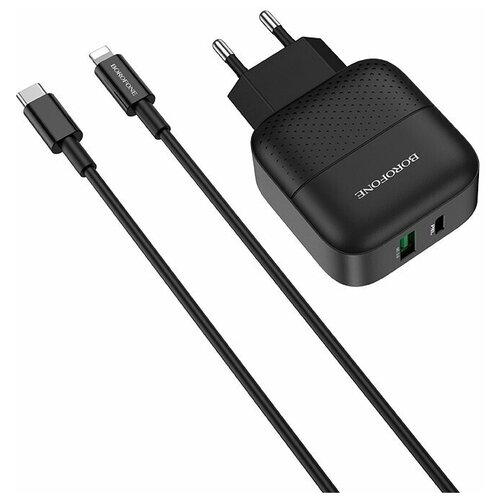 фото Блок питания сетевой usb, type- c borofone, ba46a, premium, пластик, pd3.0, qc3.0, qc2.0, кабель apple 8 pin, цвет: чёрный