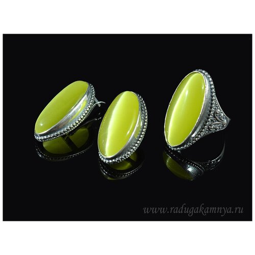 Комплект бижутерии: кольцо, серьги, кошачий глаз, размер кольца 19, зеленый кольцо серьги с кошачьим глазом цв олива размер 19 радугакамня