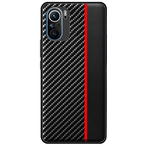 фото Чехол панель-бампер mypads для xiaomi redmi k40 / xiaomi redmi k40 pro / xiaomi poco f3 / xiaomi mi 11i из тончайшего и прочного пластика с матовой отделкой «под карбон» с вставкой из кожи черная с красной полосой