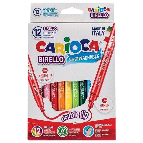 Набор фломастеров 12 цветов Carioca Birello (линия 1-4мм, двусторонние, смываемые) картонная упаковка (41457)