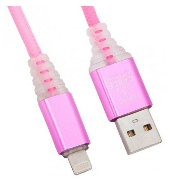 USB кабель "LP" для Apple Lightning 8-pin "Змея" LED TPE (розовый/блистер)