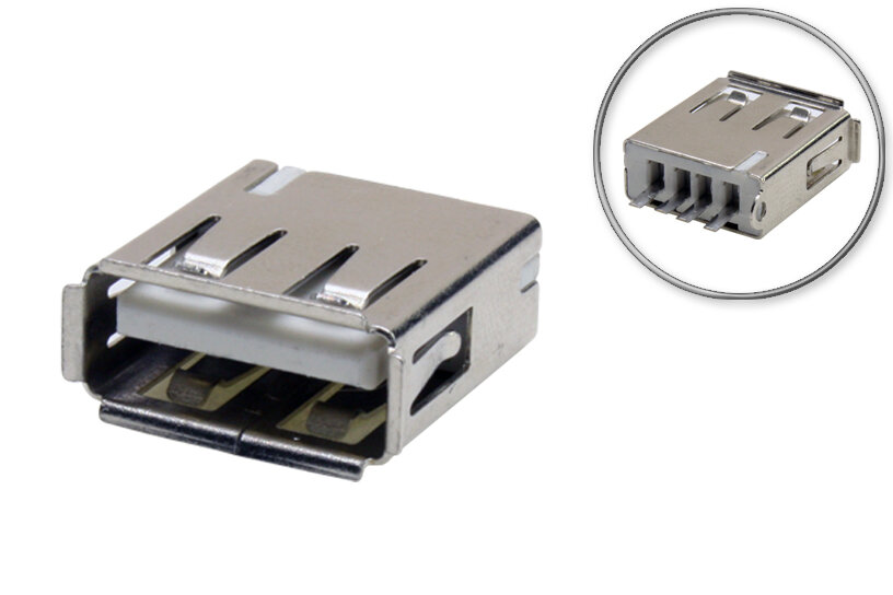 Разъем USB-A, гнездо (female), для монтажа на кабель, без корпуса, под пайку, 1шт