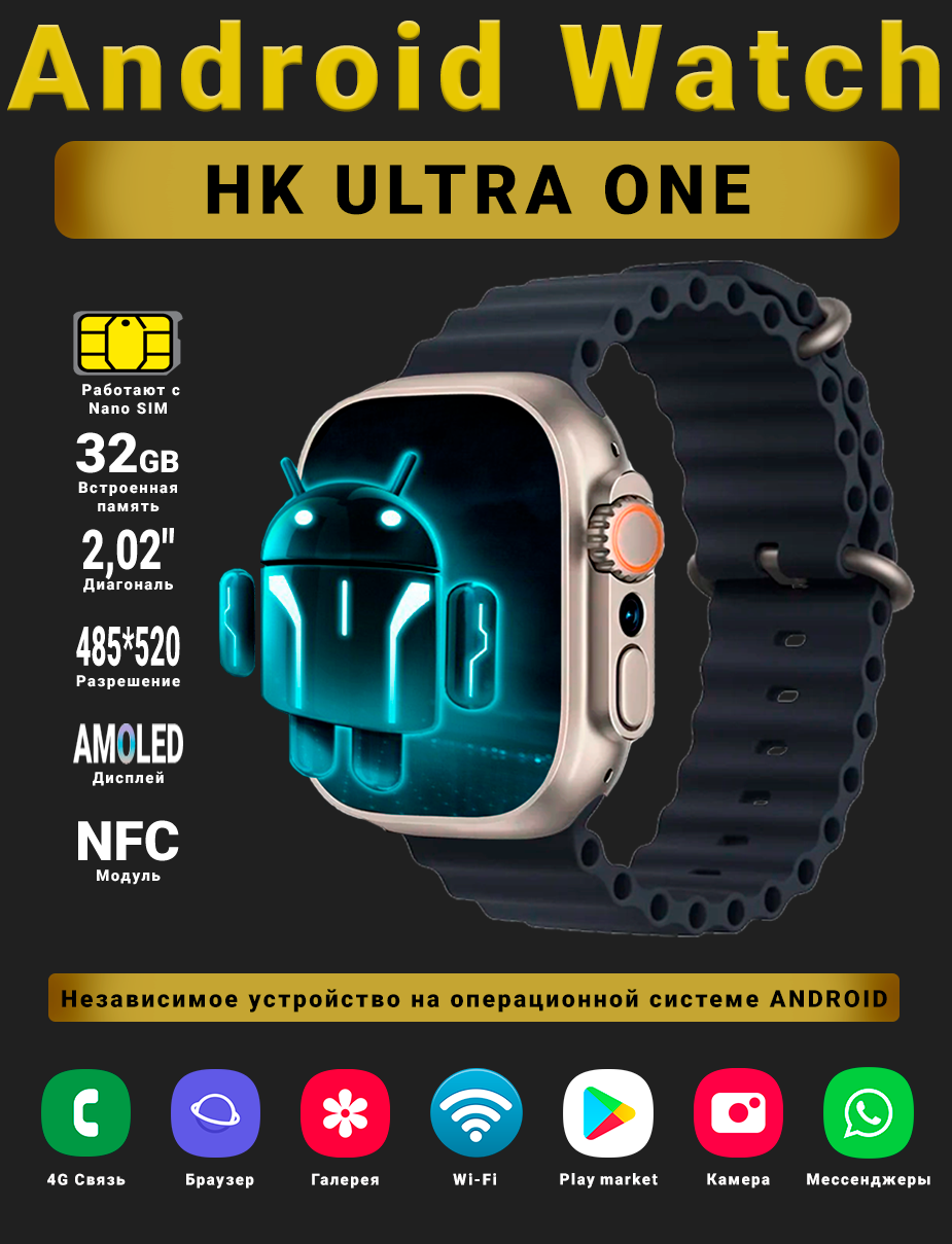 Смарт часы Android Watch HK Ultra One, Умные часы PREMIUM Series, наручные мужские и женские, AMOLED дисплей 485*520, Wi-fi, Bluetooth, Sim-карта, 4G, Звонки, 2 ремешка, Черный