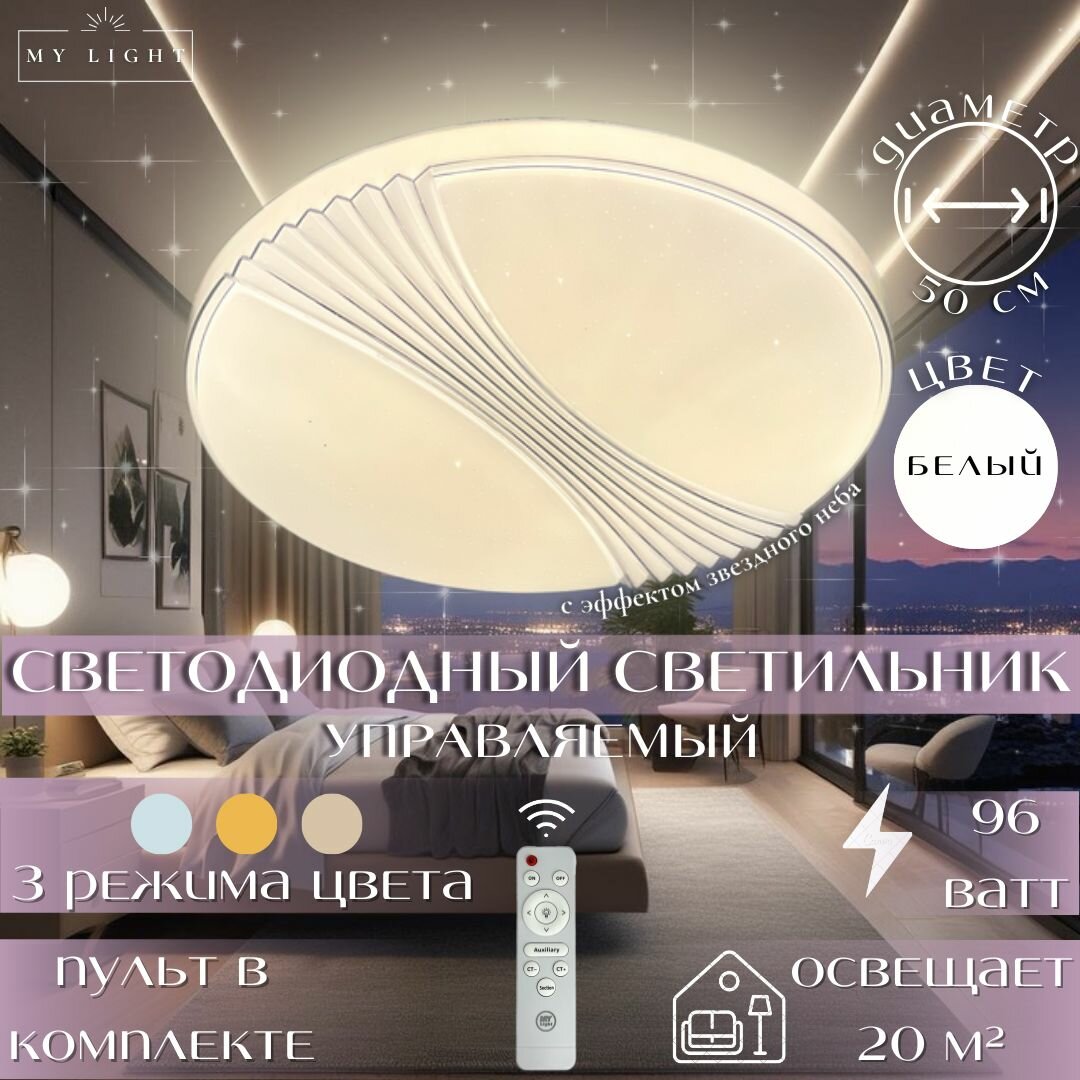 Потолочная светодиодная люстра My Light с эффектом звездного неба, 96W, круглая, белая, с пультом управления, для всех видов потолков, LED светильник 1964-500