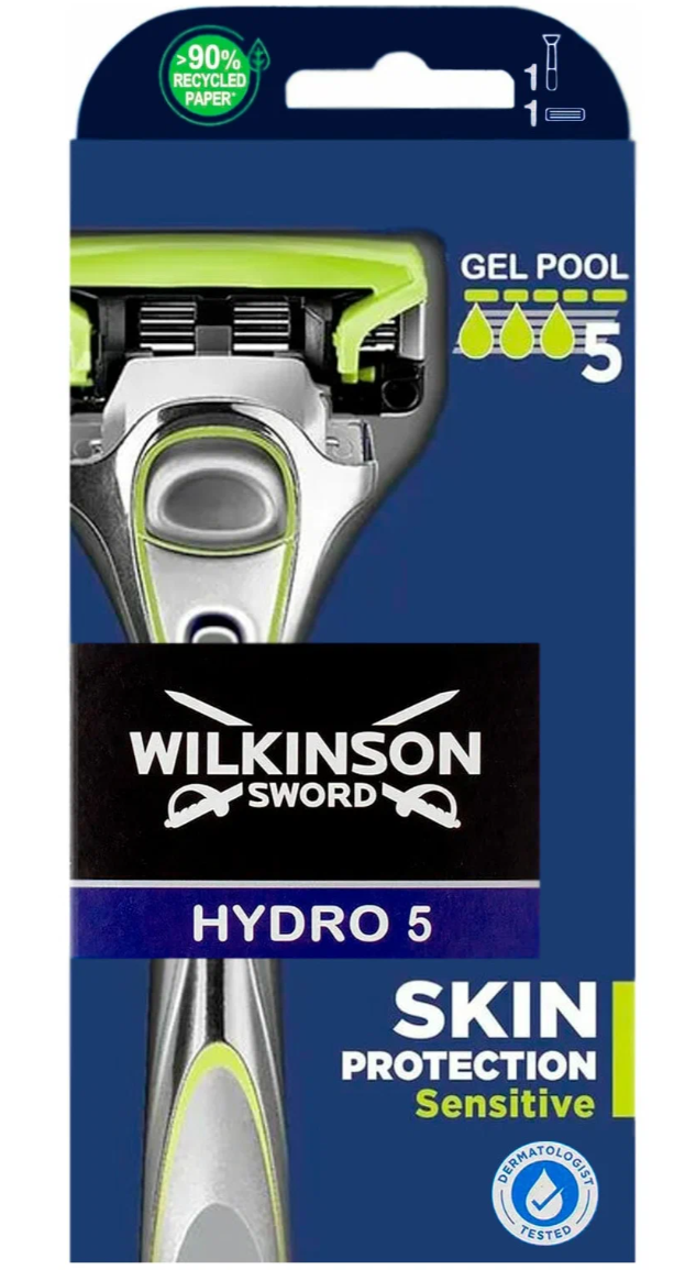 Бритвенный станок WILKINSON SWORD Schick HYDRO5 Skin Protection Sensitive (1 ст, 1 кас.),5-лезв, плав. головка, увл. полоса, метал. прорезиненная ручка