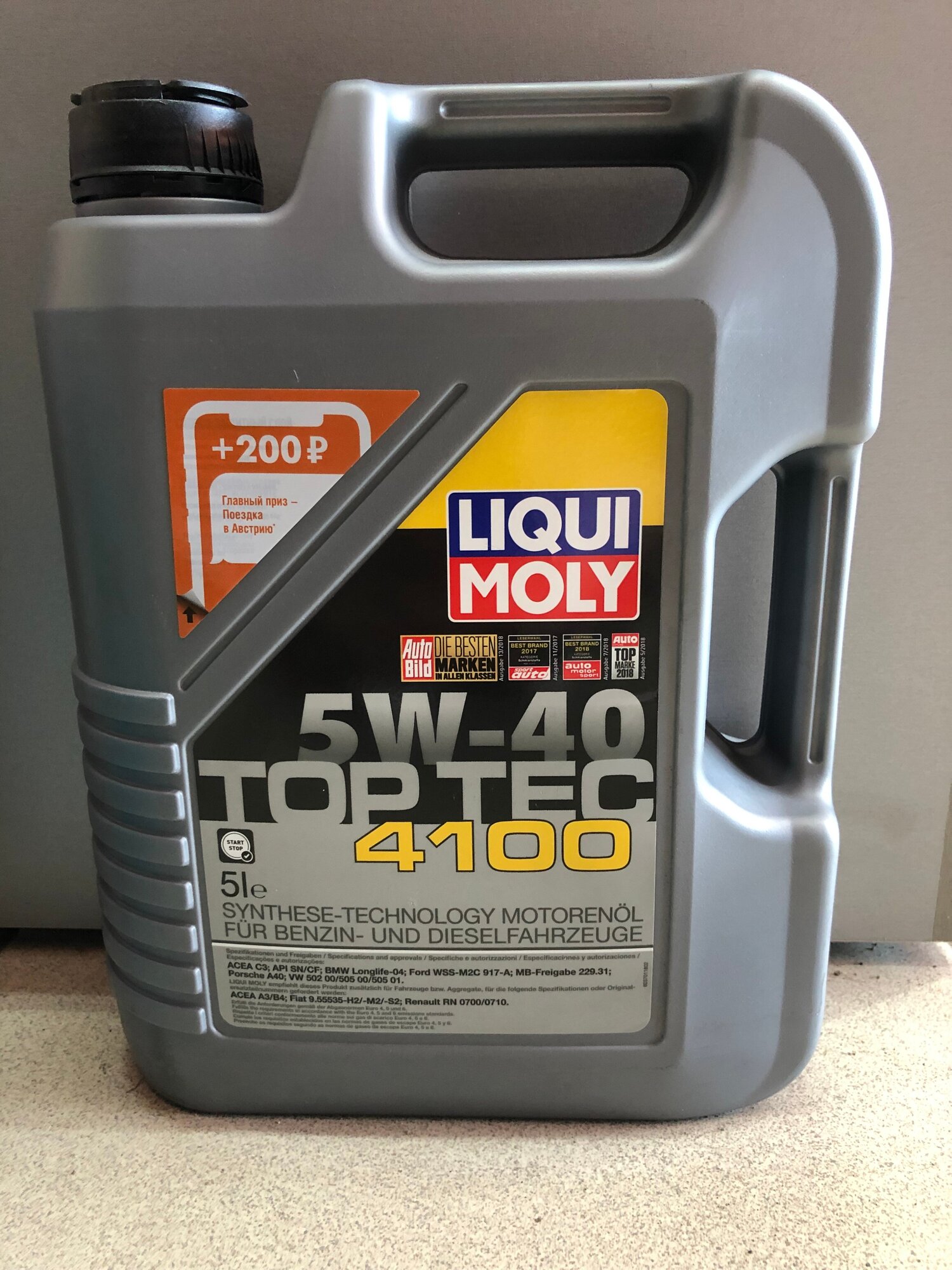 LIQUI MOLY НС-синт. мот. масло Top Tec 4100 5W-40 SN/CF; A3/B4/C3 5л — фото 1