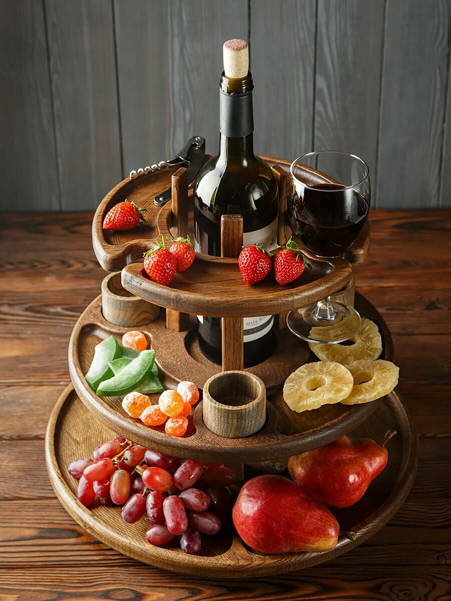 Фруктовница 3-х ярусная с бокалами Zotwoods из дуба в темном цвете, 1 шт, деревянная этажерка/этажерка для фруктов — фото 1