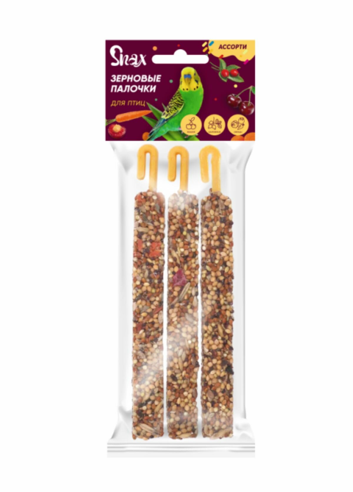 Snax Daily Hazel лакомство зерновые палочки Ассорти (вишня шиповник и овощи) для попугаев канареек и других птиц 3 шт 75 гр