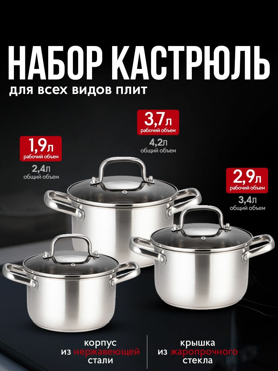 Набор кастрюль из нержавеющей стали с крышками , 3 штуки- 3,7 л,2.9 л, 1,9 л.