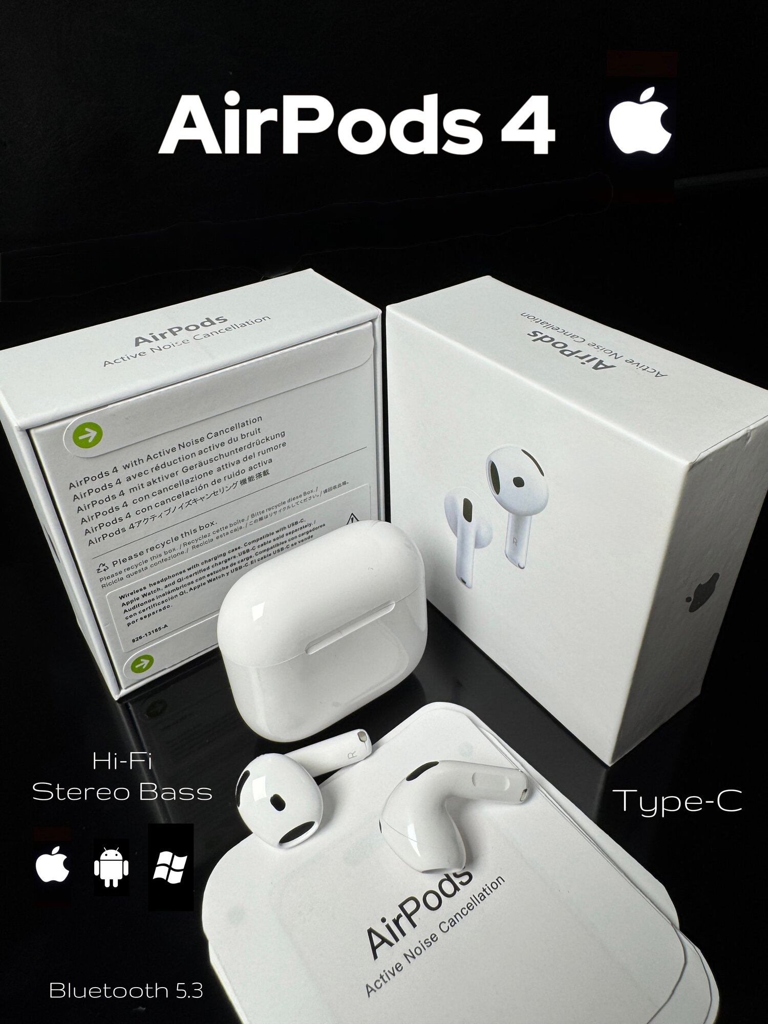 Беспроводные наушники AirPods 4 с чистым Hi-Fi стерео звуком Для iPhone и Android