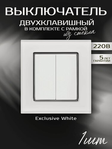 Изображение товара Выключатель двухклавишный в рамке из закаленного стекла белый Metronex-Electric Exclusive White