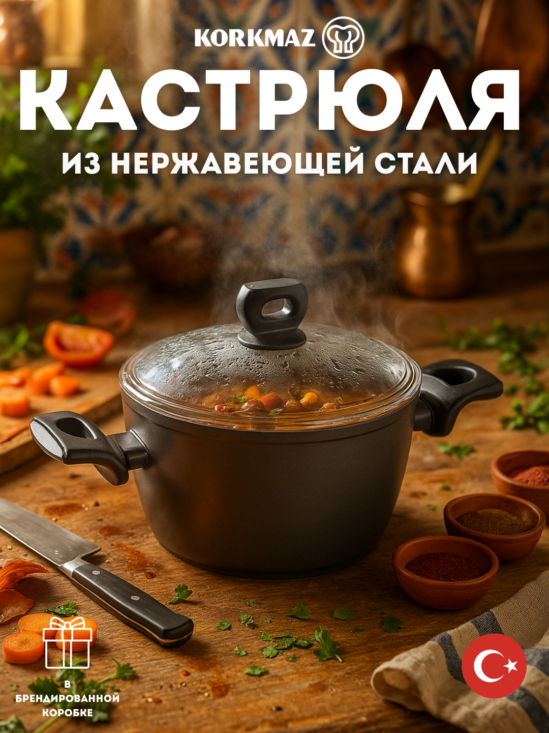 Кастрюля глубокая KORKMAZ NORA A3930 2,3 л, 20×9,8 см, литой алюминий с керамическим покрытием и крышкой