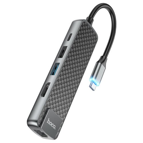 Кабель-переходник Hoco HB23 Type-C на HDMI/USB3.0/USB2.0/USB-C/RJ45 серый хаб hoco hb23 2 usb выхода rj45 1 hdmi кабель type c цвет серый