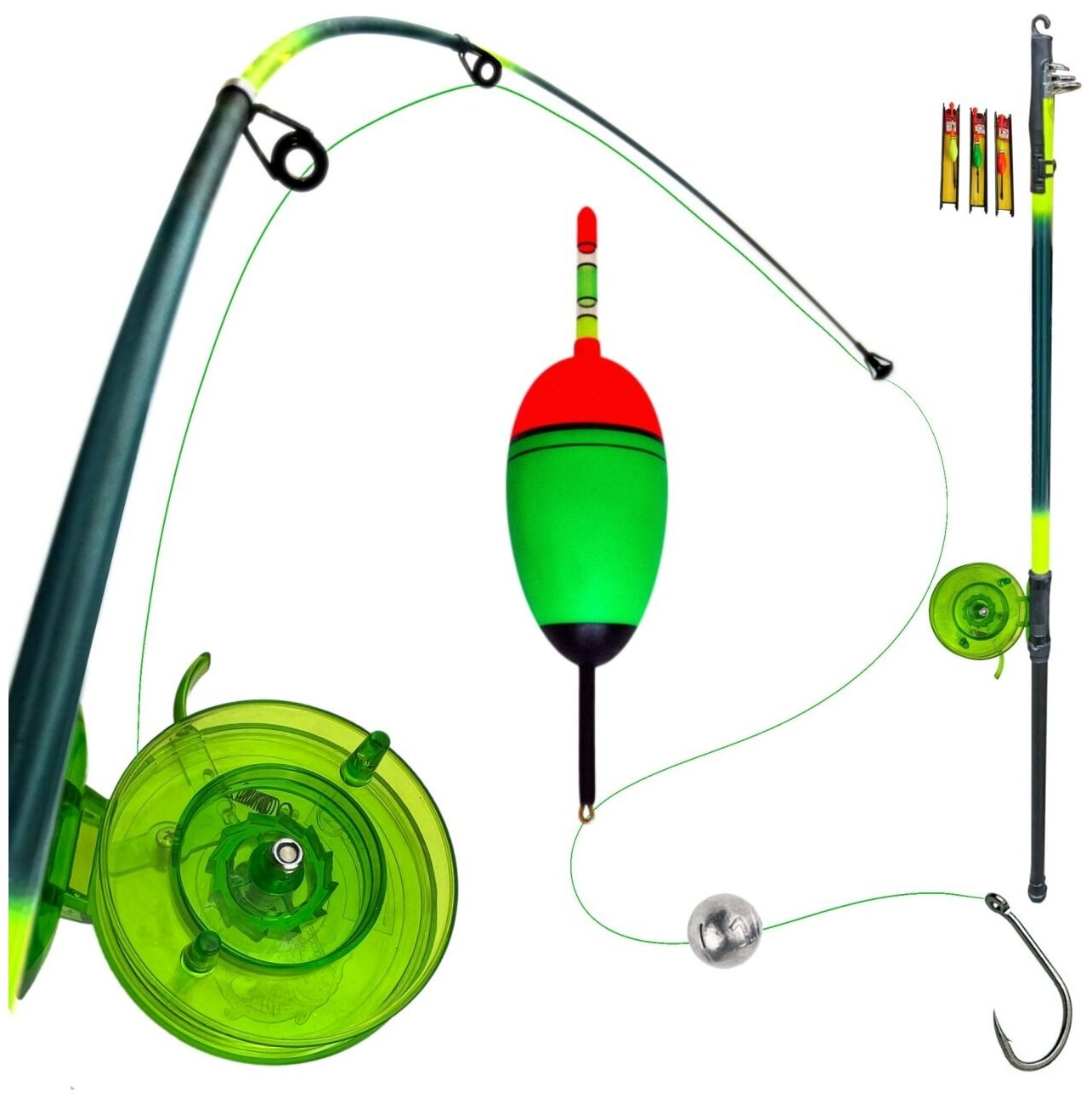 Удочка для ловли на поплавок с набором оснаски телескопическая зеленая 3 м. Набор удочка и оснастка.