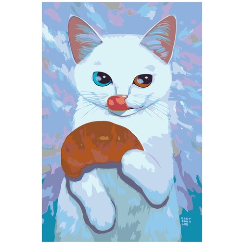 Картина по номерам, Живопись по номерам, 72 x 108, A445, белая кошка, животное, круассаны, облизывать, разноцветные глаза
