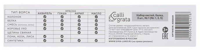 Набор кистей Белка 3 штуки, Calligrata №1 (круглые №: 1, 3, 5), деревянная ручка - фотография № 4