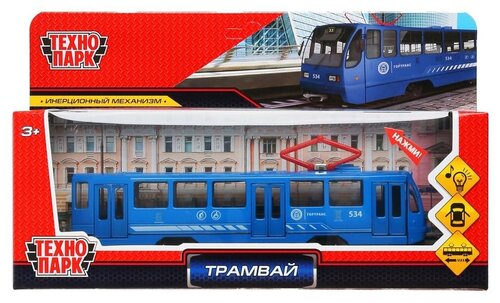 Модель Трамвай 18,5 см синий металл инерция (свет, звук) Технопарк TRAM71403-18SL-BU