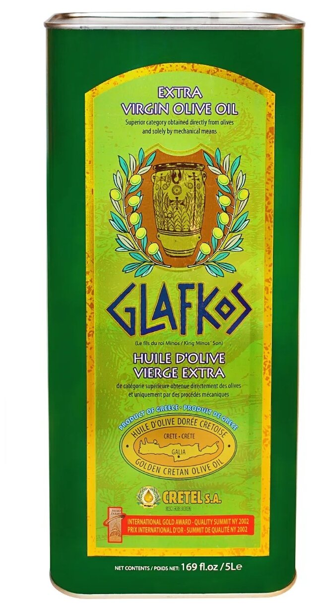 Оливковое масло первого холодного отжима высшего качества Glafkos Extra Virgin кислотность 0,1-0,8 %, ж/б, 5 литров, Греция