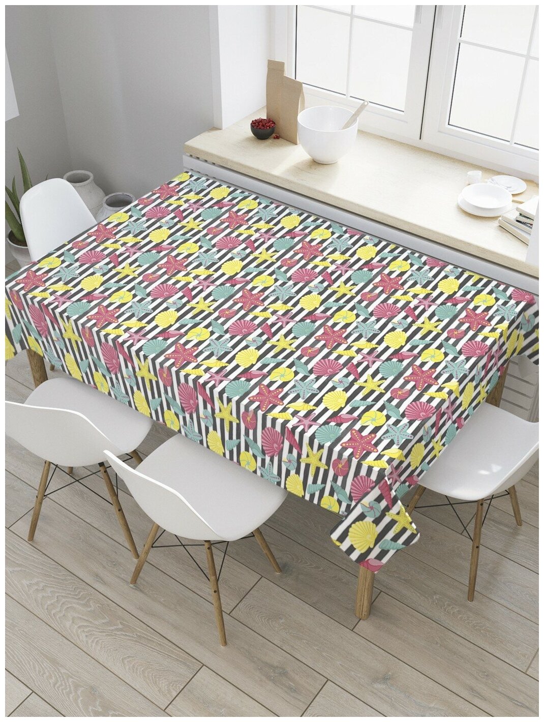 Скатерть прямоугольная JoyArty на кухонный стол "Разноцветные ракушки" из оксфорда, 180x145 см