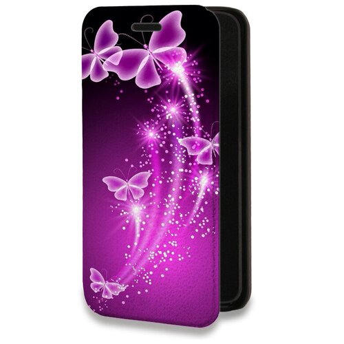 Дизайнерский горизонтальный чехол-книжка для Айфон 14 Про Макс / Iphone 14 Pro Max Бабочки фиолетовые