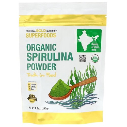 Спирулина California Gold Nutrition Organic powder, пластиковый пакет, 240 г