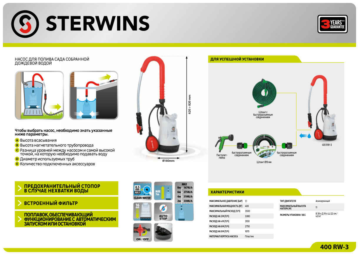 Насос садовый для полива из бочки Sterwins RW-3, 3500 л/час - фотография № 5