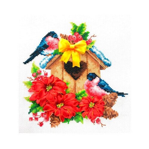 Набор для вышивания нитками и лентами Многоцветница Снегири, 19x19см