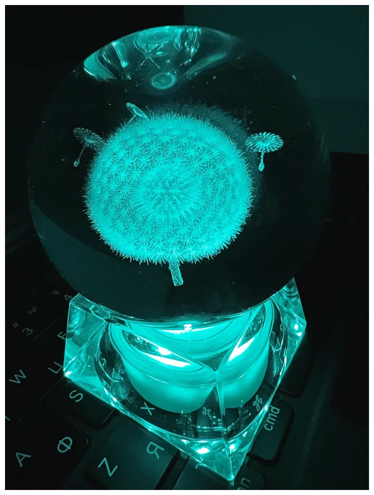 Хрустальный шар маленький (диаметр 5 см), 3D светильник настольный "Одуванчик"