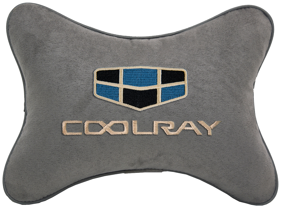 Автомобильная подушка на подголовник алькантара L.Grey с логотипом автомобиля GEELY Coolray