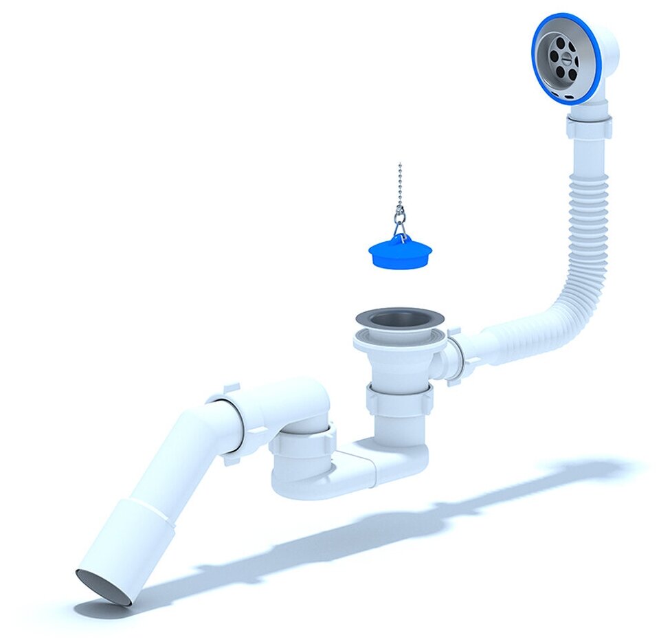 фото Сифон для ванны 1.1/2*40 с выпуском и переливом, с трубой 45град. 40/50 E051 АНИ пласт