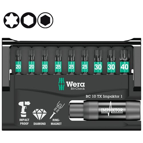 Набор ударных бит с битодержателем Wera Bit-Check 10 Impaktor набор бит wera 8100 9 899 tz bit check