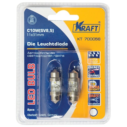 фото Светодиодная лампа c10w (sv8,5) 11x31white 2 leds (2 шт.блистер) kraft