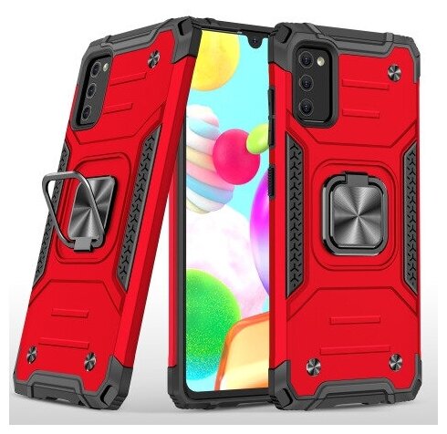 Противоударный чехол для Samsung Galaxy A41 A415 красный с пластиной для магнитного автодержателя и кольцом подставкой