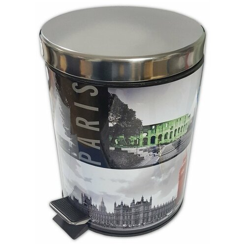 Урна круглая из нержавеющей стали с педалью и фотопечатью 5л Klimi 105-F