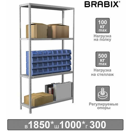 BRABIX Стеллаж металлический brabix ms plus-185/30-4, 1850х1000х300 мм, 4 полки, регулируемые опоры, 291104, s241br153402