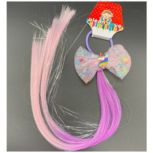 Купить Набор Волосы на резинке с бантиком 2 шт / резинка с волосами, OLEAN LOVE, фиолетовый, искусственные волосы