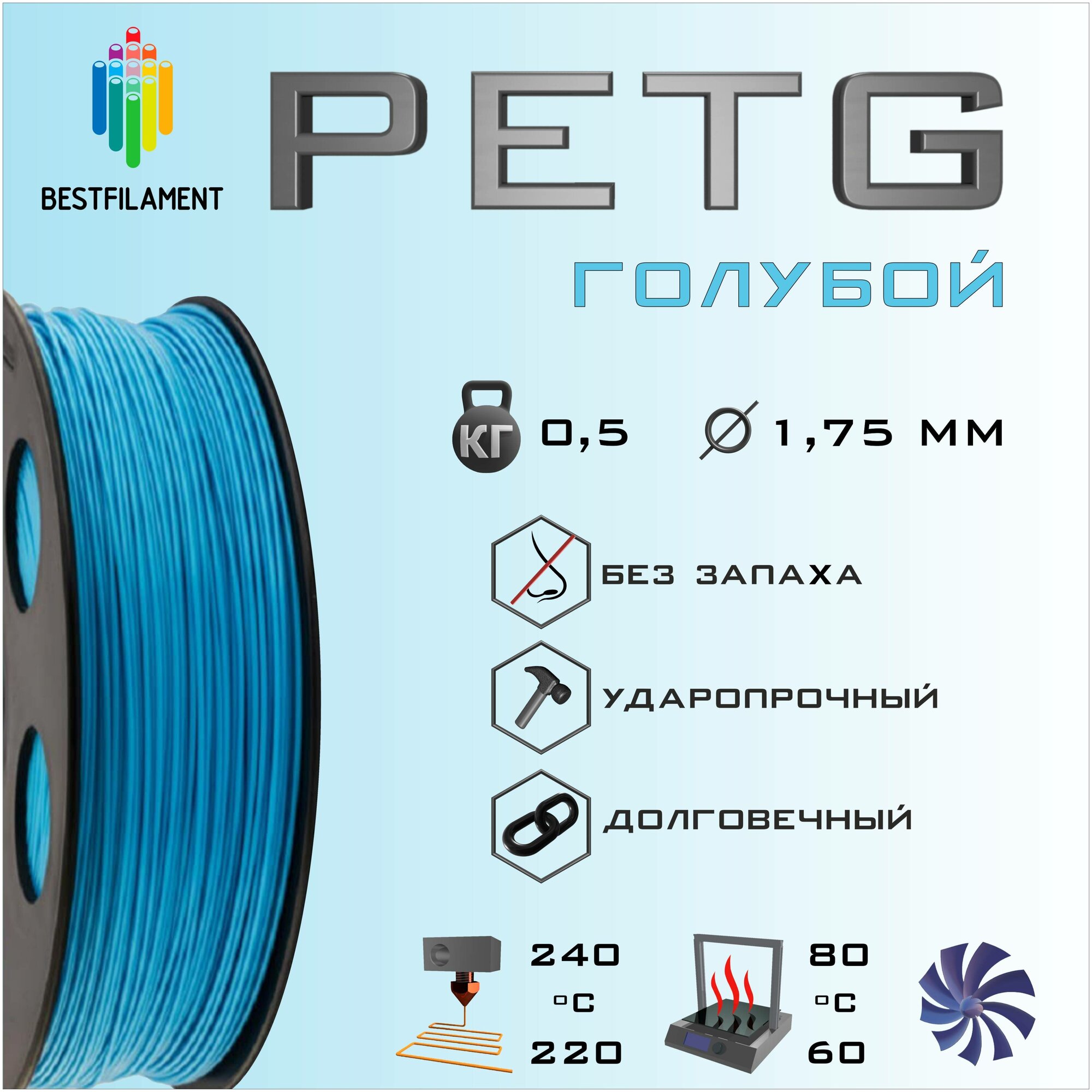 PETG Флуоресцентный Голубой 1000 гр. 1.75 мм пластик Bestfilament для 3D-принтера
