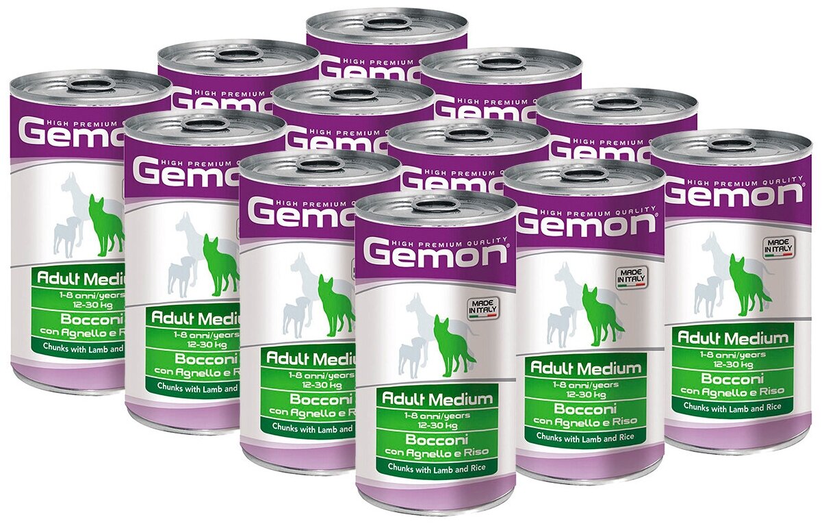 GEMON DOG ADULT MEDIUM для взрослых собак средних пород с кусочками ягненка и рисом (1250 гр х 12 шт)