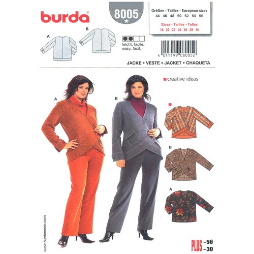 Выкройка Burda 8005 Жакет с ассиметричной застежкой (большие размеры) выкройка burda 6391 пуловер туника большие размеры