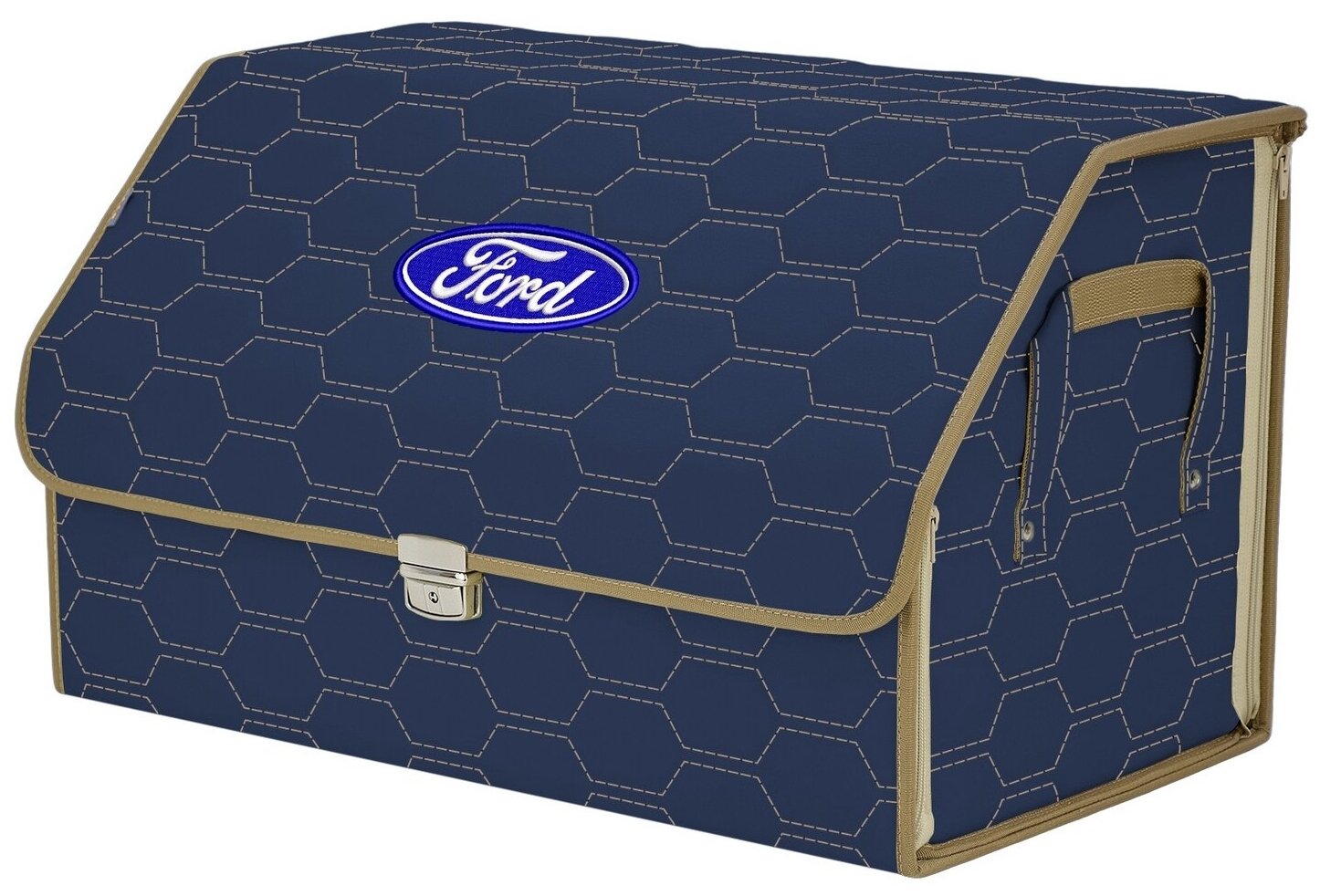 Органайзер-саквояж в багажник "Союз Премиум" (размер XL). Цвет: синий с бежевой прострочкой Соты и вышивкой Ford (Форд).