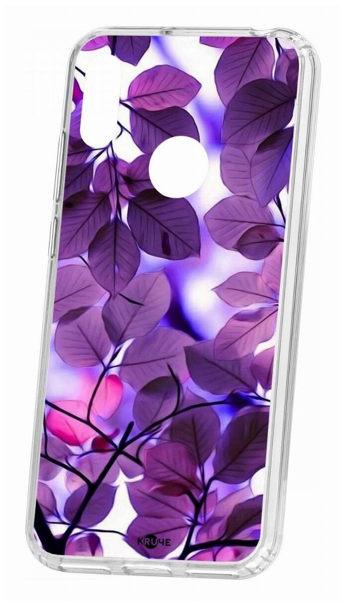 Чехол для Huawei Y6 2019 Kruche Print Purple leaves, пластиковая накладка, силиконовый бампер с защитой камеры, защитный прозрачный кейс с рисунком