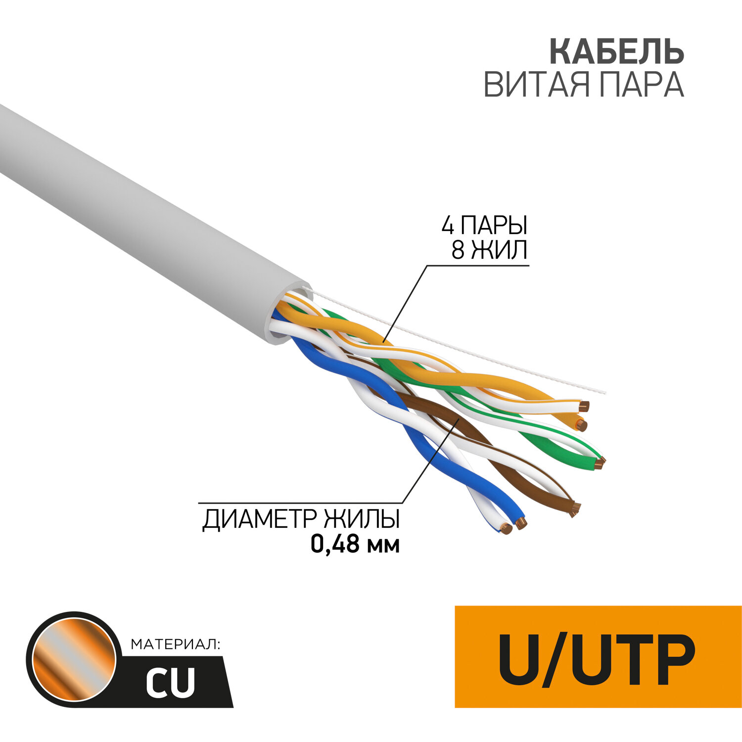 Кабель UTP PROconnect 4PR 24AWG, CU (медь), CAT5E, 100 МГц, PVC, серый, бухта 100 м