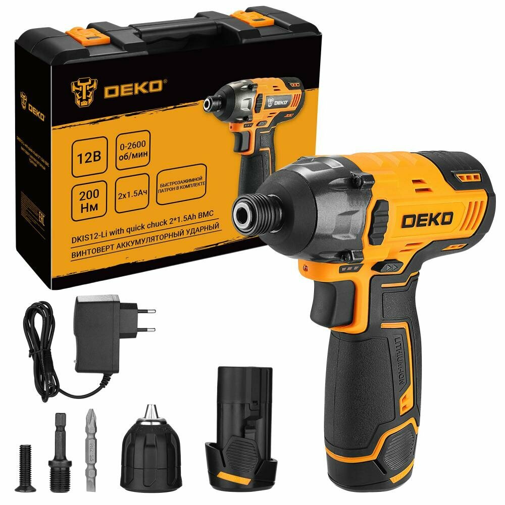 фото Винтоверт аккумуляторный ударный DEKO DKIS12-Li, с быстрозажимным патроном, 12В, 2*1.5Ач, в кейсе 063-4390