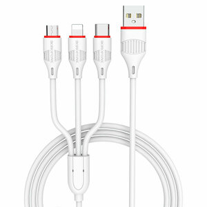 Кабель USB BOROFONE BX17 Enjoy 3 в 1 USB - Type-C + Lightning + MicroUSB, 2.4А, 1 м, белый